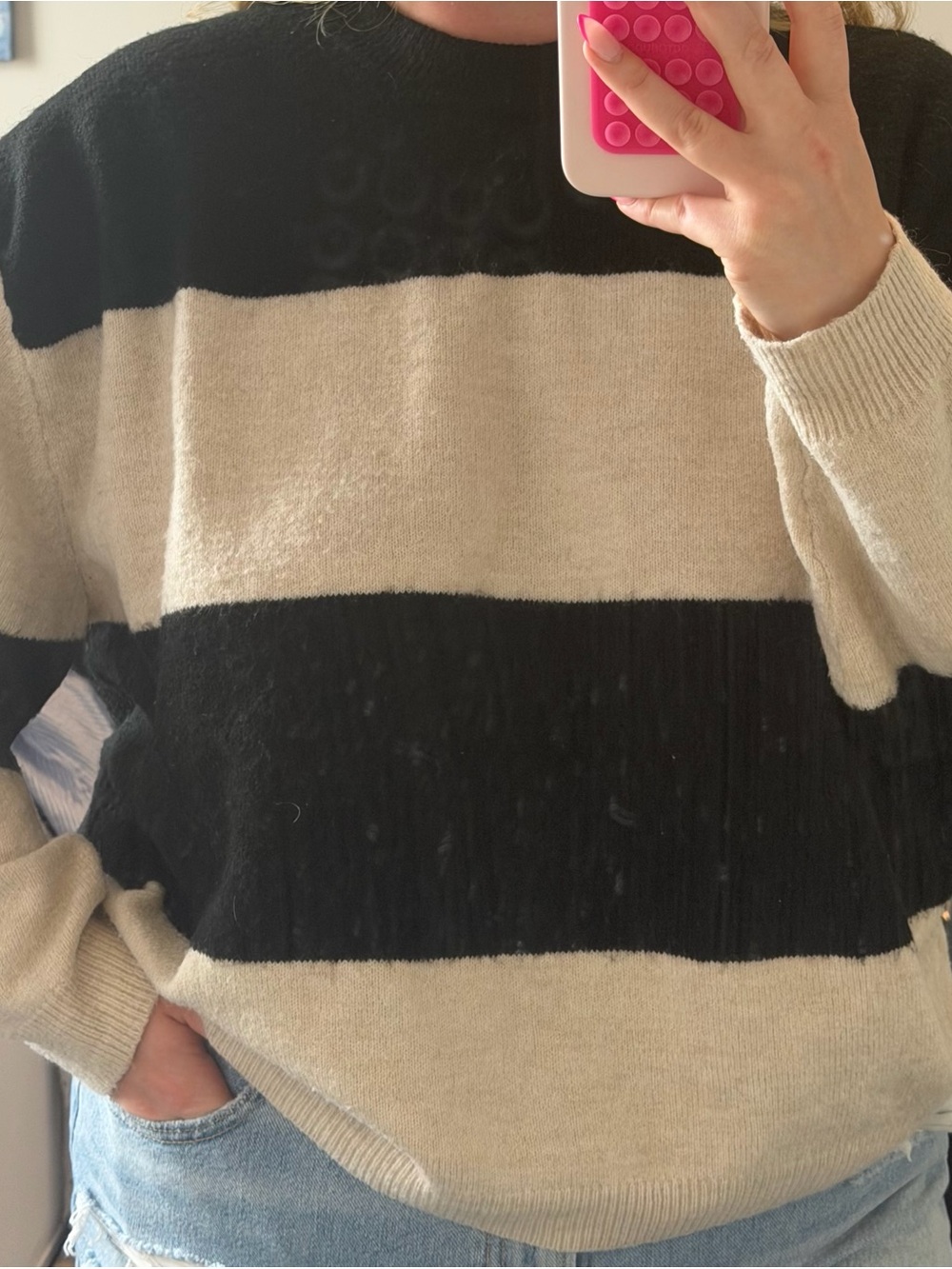 H&M Black and Cream Wide-Stripe Crew Sweater